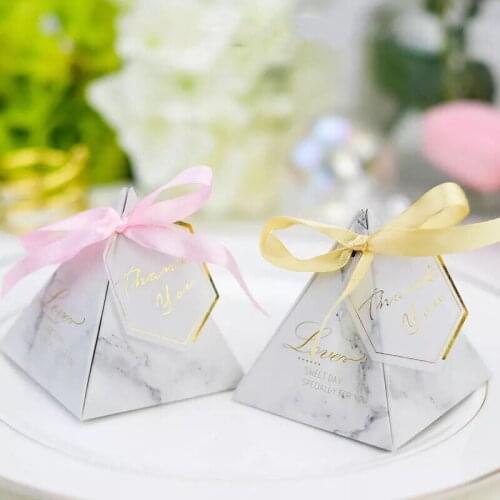 100pcs Hot Triangular Pyramid Marble Candy Boxes pink gold ribbon Bomboniere Wedding Favors giveaways Party Chocolate Gift Box