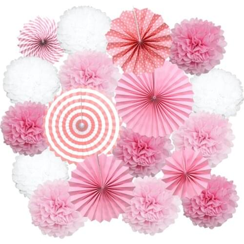 18pcs/Set Pink Paper Fan Flower Hanging Paper Crafts Kids Favor Paper Pompom Wedding Birthday Party Girl Boy Baptism Decorations