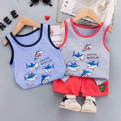 Summer Toddler Infant Kids 1-5 Years Outfits Sleeveless Cartoon Shark T-Shirt+Shorts 2pc/Sets Baby Boys Casual Sport Clothing
