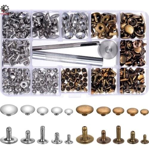 200Set 5Sizes Leather Rivets Single Cap Rivet Tubular Metal Studs with 3Pcs Fixing Tool for DIY Leather Craft Rivets Replacement