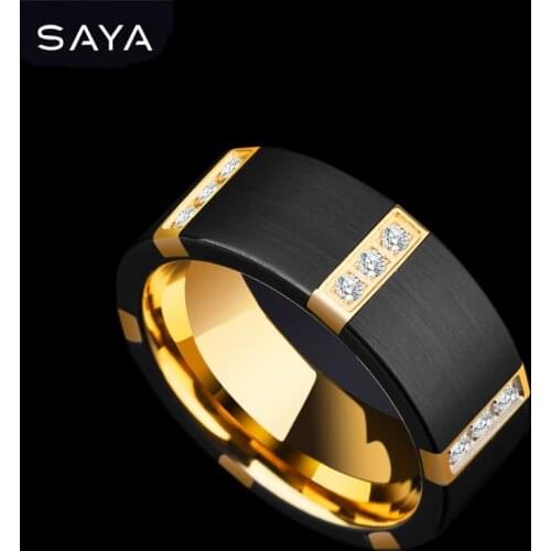 2021Black Tungsten Carbide Rings for Men With Gold Plating Inside Black Color Three PCS Cubic Zirconia, Free Shipping, Engraving
