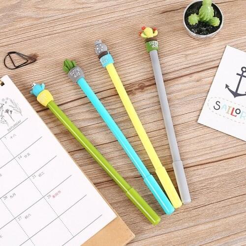 4pcs 0.5mm Black Ink 4 Pure Color Signature Gel Pen + Kawaii Cactus Cap Office School Writing Supply Student Neutral Pens Gift
