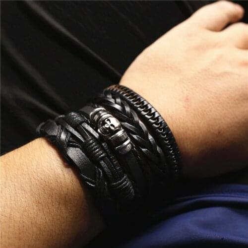 5pcs/set Feather Skull Head Charm Men Genuine Leather Bracelets For Women Bangles Femme Homme Male Jewellery Freely Shipping