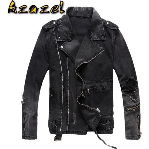 Azazel Hot New Autumn winter tide men Black grey hole slim denim jacket youth diagonal zipper Coat male Motorcycle jackets M-4XL