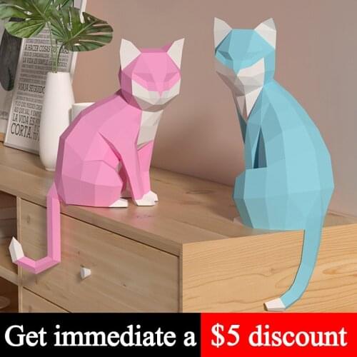 1 Pair Pink Blue Cat Animal Decor Home Decoration Paper Model,Low Poly 3D Papercraft,Handmade DIY Adult Craft Toy RTY201