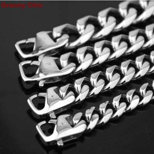 Granny Chic Mens High Quality Jewelry Silver Stainless Steel Curb Cuban Bracelet Link Chain 13mm/15mm/17mm/19mm