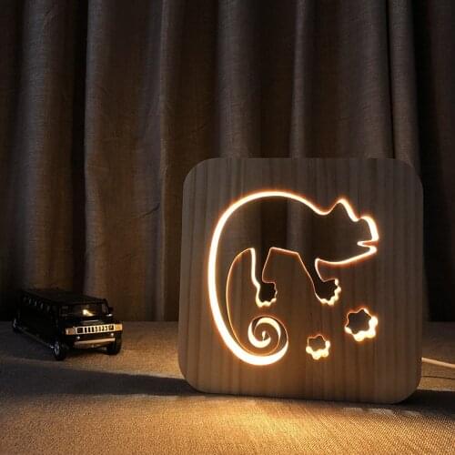 USB Plug Chameleon Led Night Light Wooden Cartoon Animals Night Lamp Bedside Atmosphere Lamp Children Sleep Lighting Night Deco
