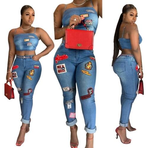 Chic Design Women Autumn Cartoon Print Denim Two Piece Sets Sexy Nightclub Spaghetti Strap Tank Top High Waist Pencil Jeans Set