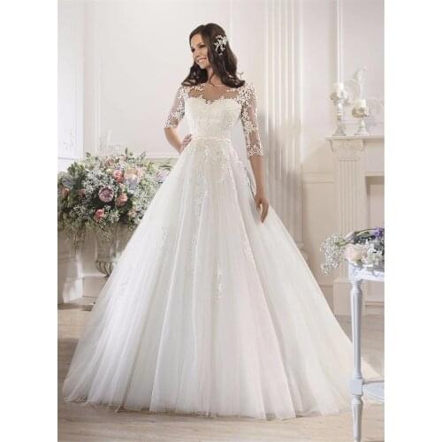 2021Tulle Half Sleeve Wedding Dress O-Neck Ball Gown Appliques Lace Crystal Pearls casamento Bridal Gowns Illusion Back