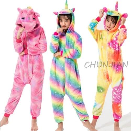 New Girls Animal Pajama Children Winter Rainbow Unicorn Pajamas Unicornio Overalls Jumpsuits Children Animal Panda Sleepwear