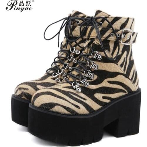 New thick-soled leopard print metal front LACES round head belt buckle side zipper oversize hipster street boots