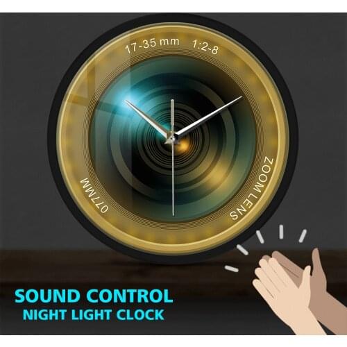 Camera Lens Sound Activated LED Luminous Wall Clock Metal Frame Silent Quartz Night Light Clocks Photography Pictures Images