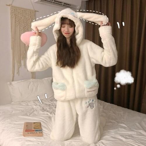 Cute Hooded Ear Bowknot Pocket Long-sleeved Pajamas Women Autumn Winter Embroidery Cartoon Pajamas Home Service Two-piece Suit