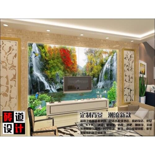 Custom 3d wallpaper 3d wall murals wallpaper Woods Landscape Waterfall Lotus goldfish crane landscape fresco wall background