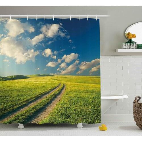 Nature Shower Curtain Grass Path Clouds Sky Serene Sun Spring Rural Country Panorama Art Bathroom Waterproof Curtains