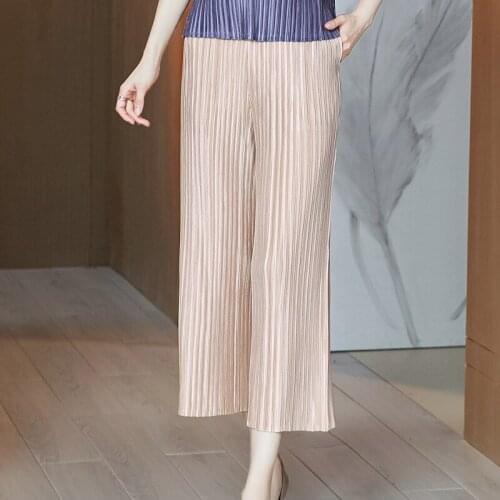 Plus Size 2021 Women Pants Spring Summer New Elastic Waist Solid Color Miyake Pleated Wide Leg Pants For Women 45-75kg