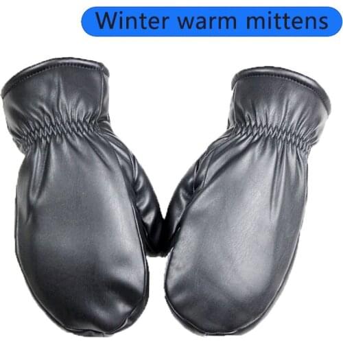 Mens Faux Leather Fingerless Gloves Loose Style Fake Fur Lining Winter Thicken Warm Outdoor Waterproof Windproof Mittens