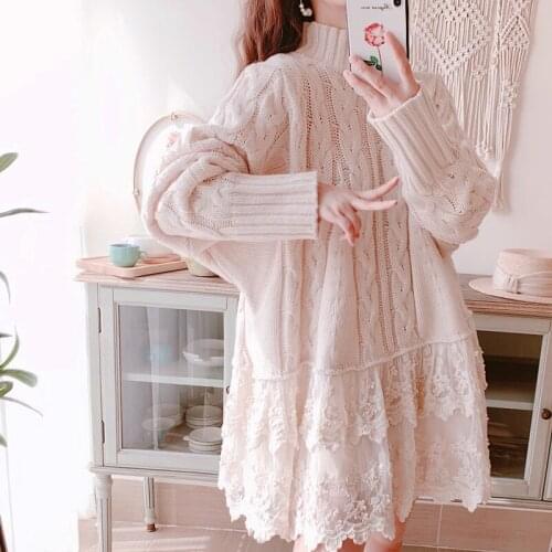 Spring Original Design Autumn Women Causal Loose Pullover Sweet Cute Embroidery Lace Patchwork Twisted Sweater