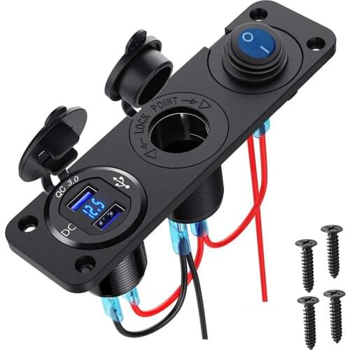 DIY Waterproof QC3.0 USB Charger Voltmeter Cigarette Lighter Socket 3 in 1 Charging Panel for Car Boat RV Marine Scooter Truck