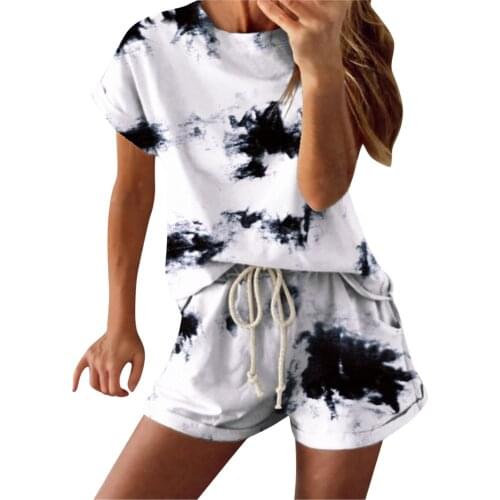 Women Casual Homewear Sets Summer Tie Dye Print Short Sleeve Top Shorts Suit Streetwear Female Two Piece Set Tracksuits Outfits