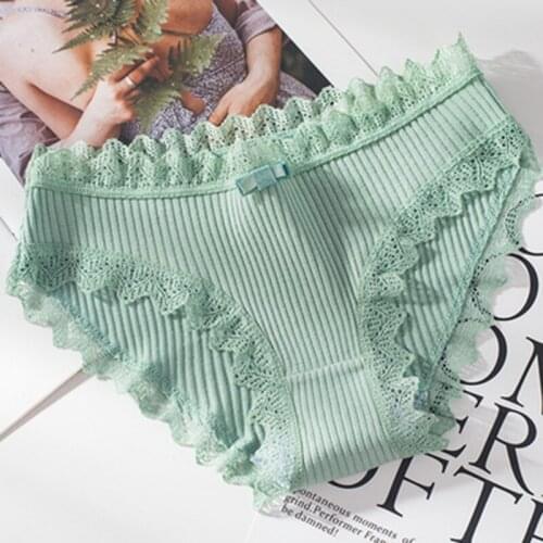 Women Sexy Briefs Solid Color Lace Mid Waist Bow Panties Fashion Breathable Female Thong Underwear Daily Lingerie