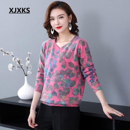 XJXKS Delicate diamond fashion V-neck women sweater pullover 2020 spring winter new plus size women Mink Cashmere sweater