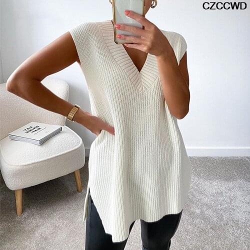 Casual Jumper Autumn New Women V Neck Sleeveless Sweater Vest Knitted 2021 Winter Split White Korean Preppy Loose Pullover Top
