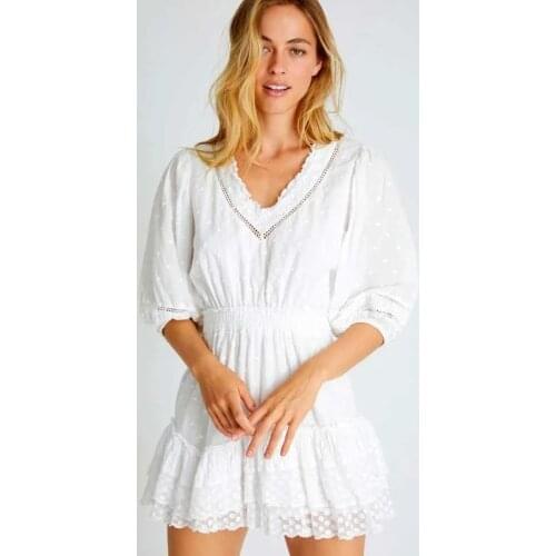 2021 Summer Autumn Long Sleeve Elegant V-neck Embroidery Layer Mini Dress White Tiered Ruffled Ladies Dress