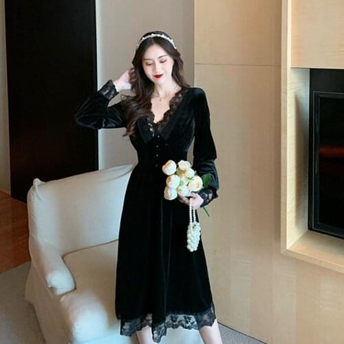 French Female Autumn New High Waist Long Sleeve Midi Gothic Dress Vintage Dress Women Lace Velvet Black Elegant Party Dress