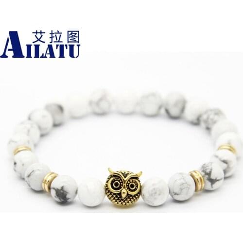 Ailatu Fashion Masculinas Natural White Howlite Stone Owl Head Bracelet Women Pulseras Hombre Bracciali Mens Elastic Jewelry
