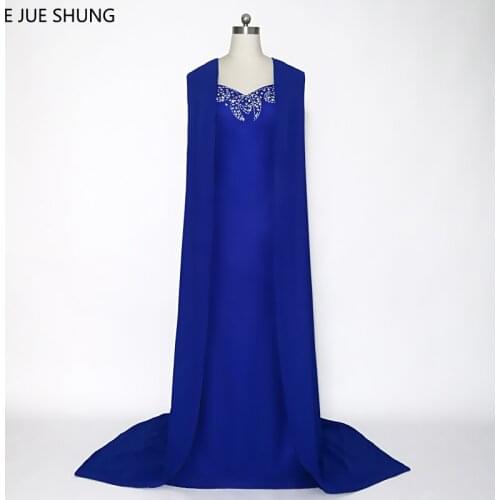 E JUE SHUNG Royal Blue Arabic Mermaid Evening Dresses With Cape Silver Beaded Long Sleeves Luxury Evening Gowns Dubai Kaftan