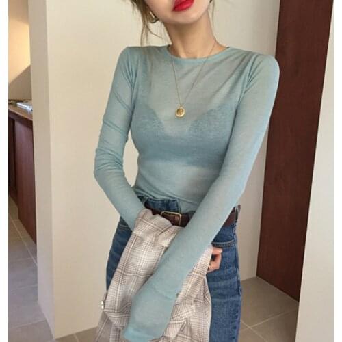 Long Sleeve Tee Shirt Female Sexy Slim High Quality Plain T Shirt Women Tops Spring Summer Club Party See-Through Transparent