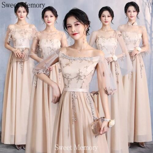 J748 Sweet Memory Coffee Pink Gray Appliques Lace Chiffon Bridesmaid Dresses Woman Robe Boat Neck Half SleeveWedding Guest Dress