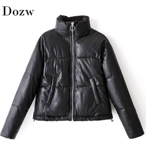 Women Casual Pu Leather Black Coat Stand Collar Office Jacket Long Sleeve Warm Ladies Tops Outerwear Winter Autumn 2020