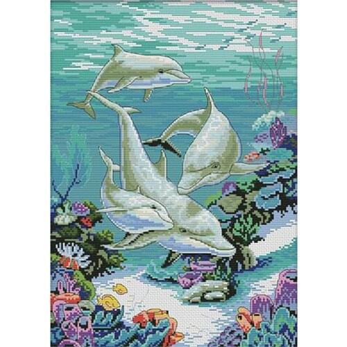 Dolphins Pre Printed Cross Stitch Kit for Teen Girls 11CT Counted Stamped Home Decor
