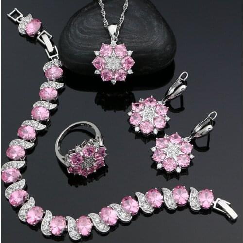 925 Sterling Silver Bridal Jewelry Sets Pink Cubic Zirconia For Women Wedding Earrings Pendant Ring Bracelet Necklace Kit