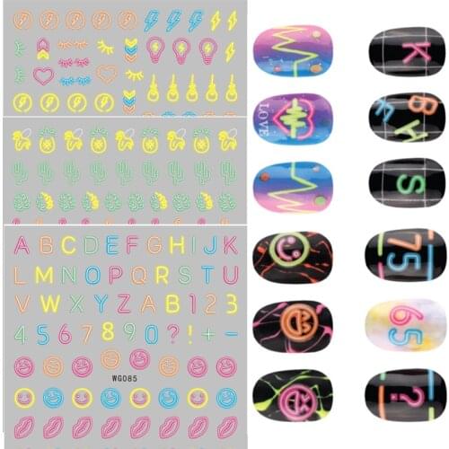 Luminous 1pcs 3D Nail Art Stickers Letter Smile Face Design Adhesive Nail Art Decorations Glitter Monstera Flamingo Nail Sticker
