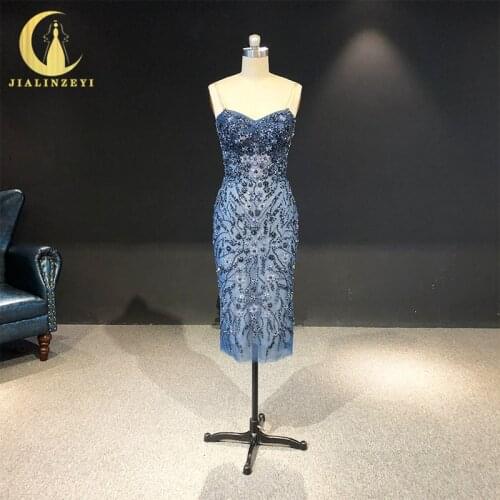 JIALINZEYI Sexy New Arrival Spaghetti Strap Navy Blue Crystal Beads Ankle Length Prom Dresses Evening Dresses