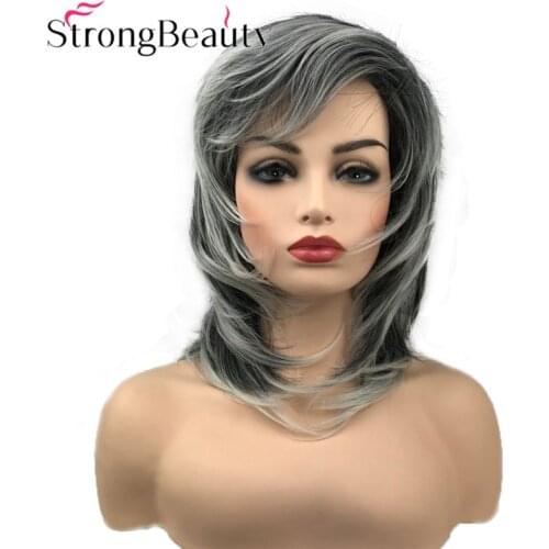 StrongBeauty Soft Fluffy Layered Shag Wig Medium Length Hair Natural Straight Black Silver White Synthetic Wigs