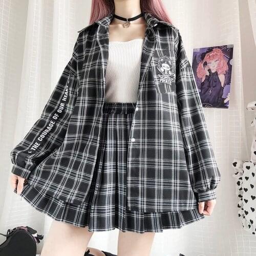 Original Pirate Rabbit Shirt Japanese Women Preppy Style Loose Black Plaid Embroidery Harajuku Bestie Blouse Lapel Spring Autumn