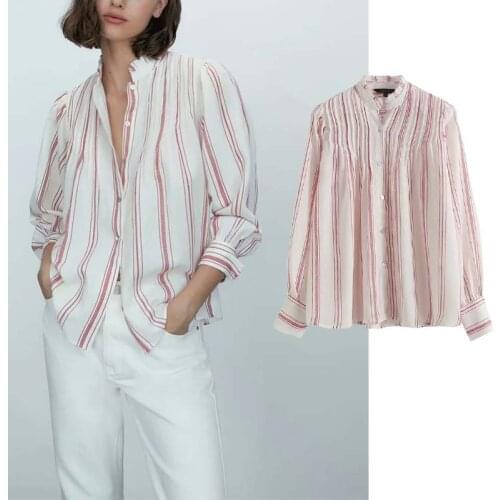 Klkxmyt Autumn Za Blouse Women England Style Fashion Stripe Casual Blusas Mujer De Moda 2021 Vintage Shirts Women Blouse And Top