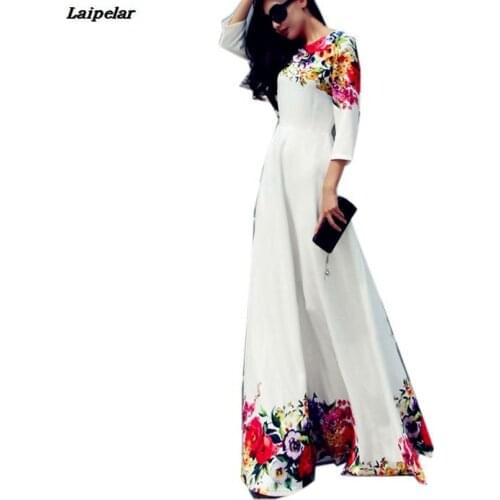 Summer Beach WomenS Size Flower O-Neck Dresses 3/4 Sleeve Print Clothing Maxi High Waist Long A-Line Slim Women Dress