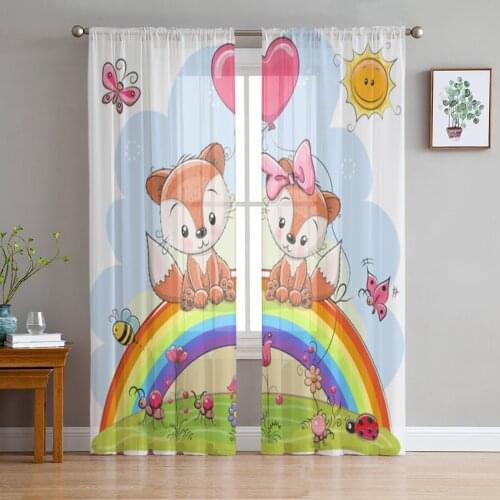 Cute Fox Butterfly Rainbow Sheer Curtains for Living Room Bedroom Tulle Curtains Kitchen Window Treatments Panel Drapes