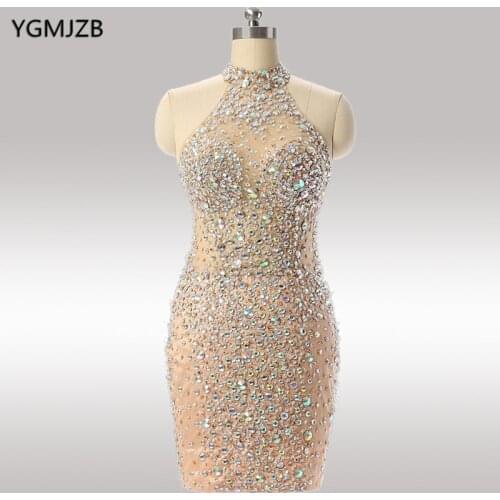 Sexy Short Prom Dresses 2020 High Neck Beads Crystals Illusion Back Sleeveless Mini Homecoming Party Cocktail Dresses