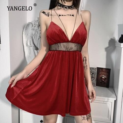 Yangelo Gothic Sexy Deep V Neck Velvet Dress Women Lace Backless Camisole Loose Black Mini Dress Female Party Club Wear Outfit