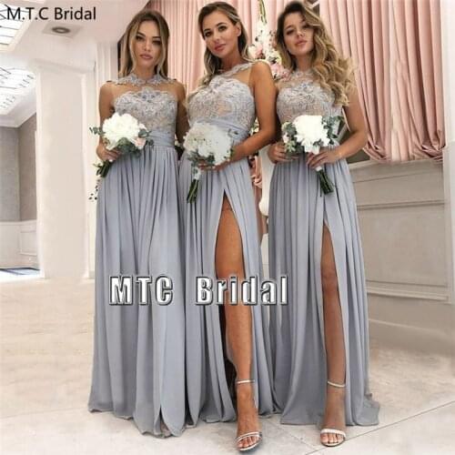 Silver Sexy Long Bridesmaid Dresses With High Slit Chiffon Lace Plus Size Best Women Wedding Party Dress Wholesale Formal Gowns