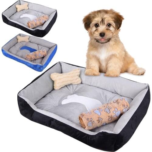 Dog Bed Warming Kennel Washable Pet Floppy Extra Comfy Plush Rim Cushion and Nonslip Bottom Dog House with Blanket Bone pillow