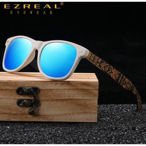 EZREAL Natural Bamboo Fashion Wooden Sunglasses Handmade Polarized Mirror Coating Lenses With Gift Box Temple Pattern Sunglasses