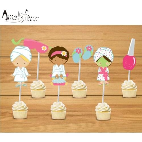 SPA Theme Party Cupcake Toppers SPA Girls Nail Polish Slippers Bash Cosmetic Party Decorations Supplies Event Cake Decoration