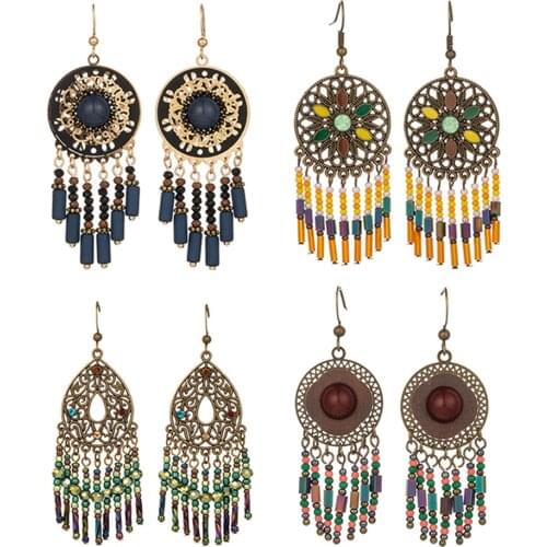 Vintage Resin Beads Water Drop Women Dangle Earrings Long Tassel Flower Fringed Earrings Sweet Round Bohemian Colorful Earring
